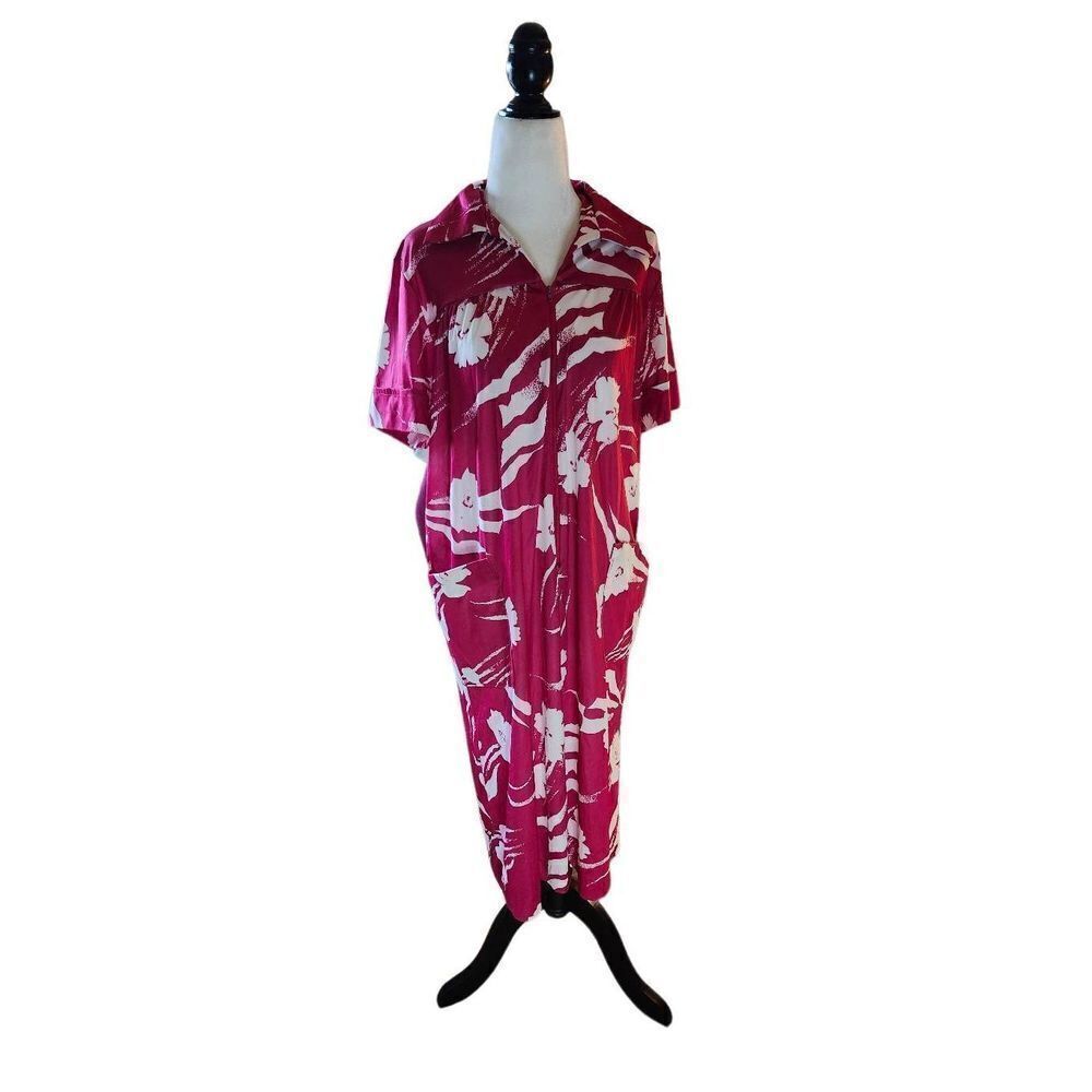 Pink & White 80s Vintage Kaftan Beach Cover Dress Pockets M Vacation